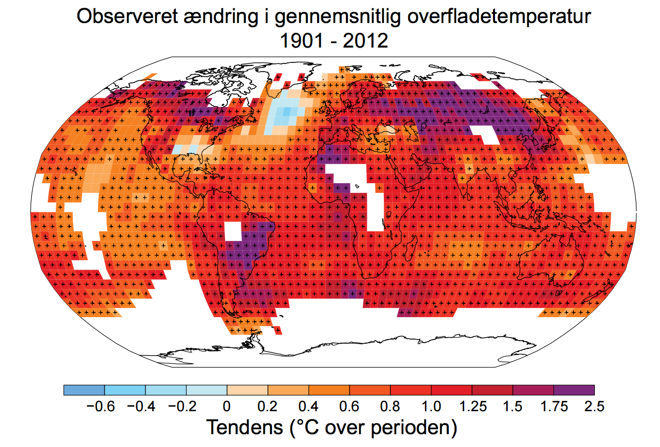 Observeret ændring i gennemsnitlig overfladetemperatur i 1901 og i 2012. Klik på grafikken for at få den større. Kilde: IPCC/DMI s.4.